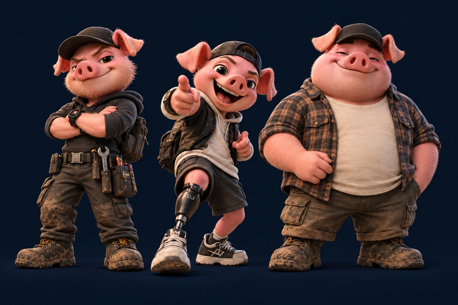 Three Truffle Pigs in rugged workwear, including one with a prosthetic leg.